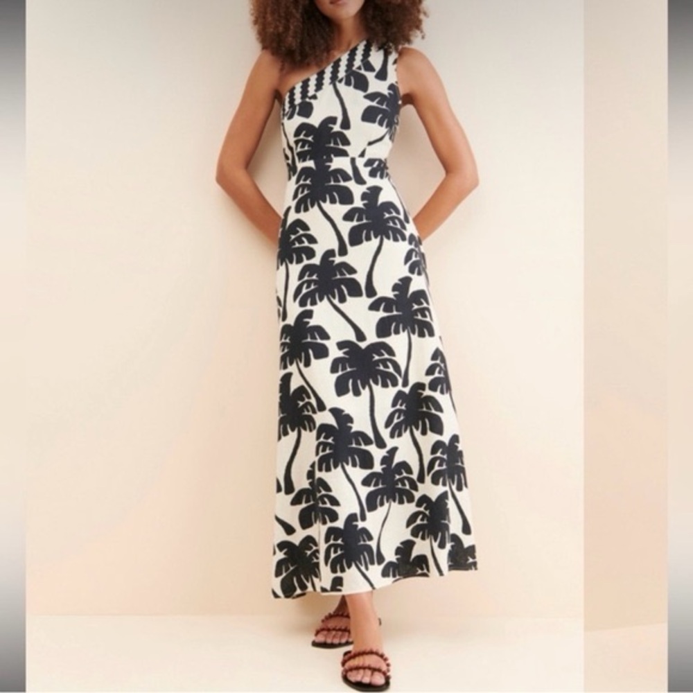 Farm Rio Palm Tree One Shoulder Linen Dress medium